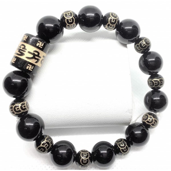 Black Tourmaline and Money Gemstones with Black Mantra Bar Lucky Charm Bracelet