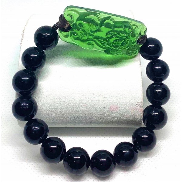 Black Tourmaline with Imperial Jade Stones and Wealth Pi Yao Lucky Charm Bracelet