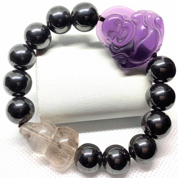 Hematite Gemstone with Amethyst Laughing Buddha and Wu Lou Charms Bracelet