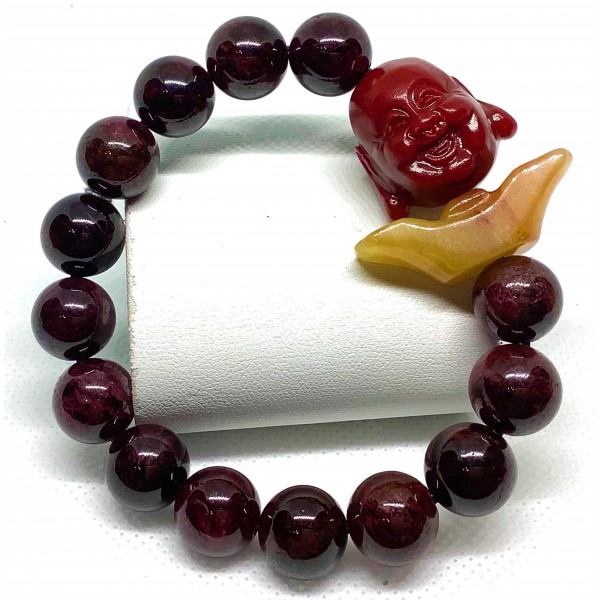 Garnet Gemstone with Laughing Buddha and Ingot Bar Charms Bracelet