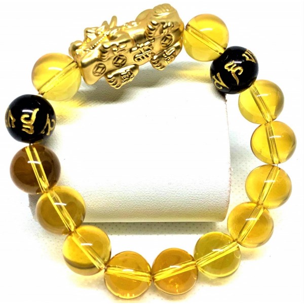 Citrine Gemstone with Black Mantra and Gold Plated Wealth Pi Yao Bracelet